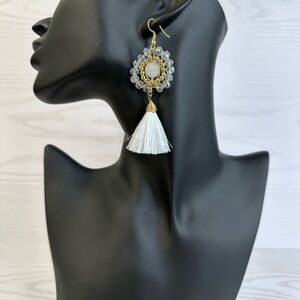 Handmade NEW Gold and White Tassel Earrings with natural agate stone